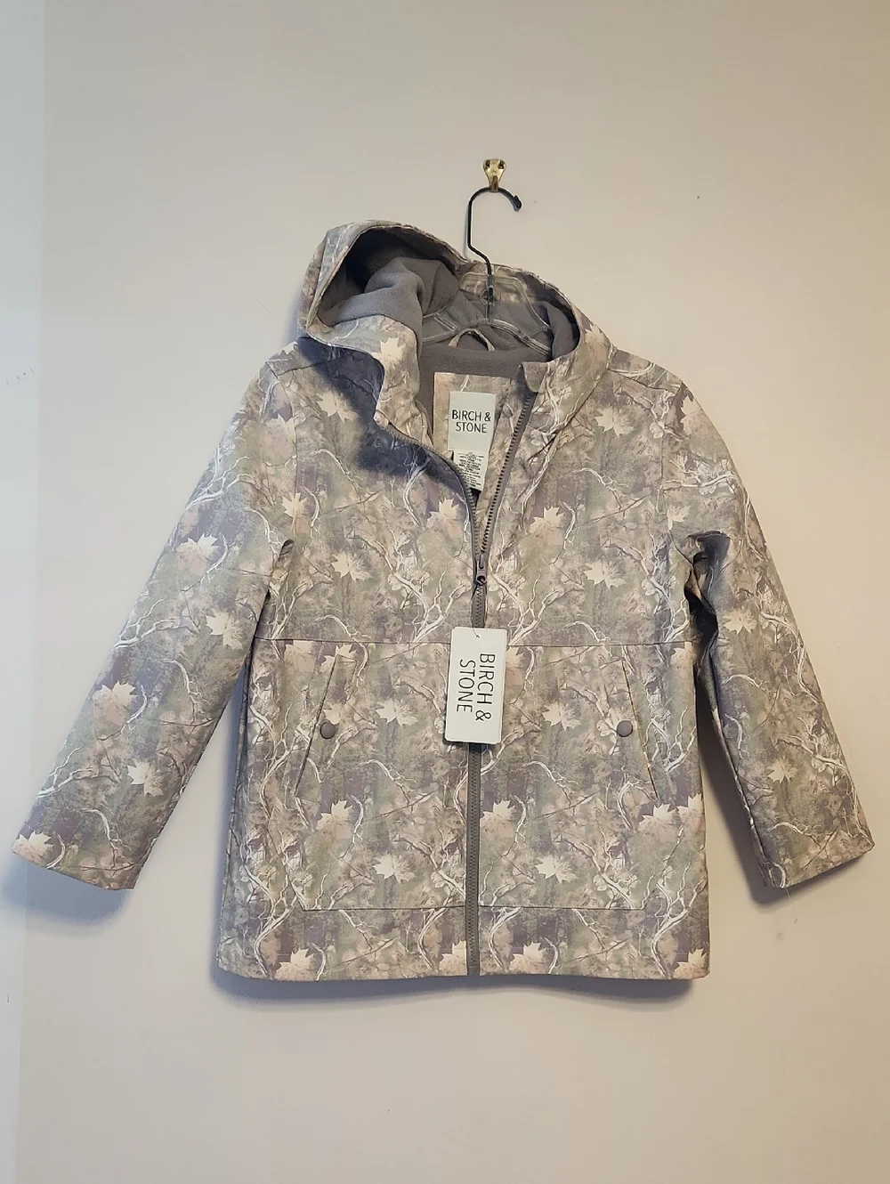 Birch & Stone Kids' Hooded Atumn Leafes Print Fleece Lined Rain Jacket Sz 10